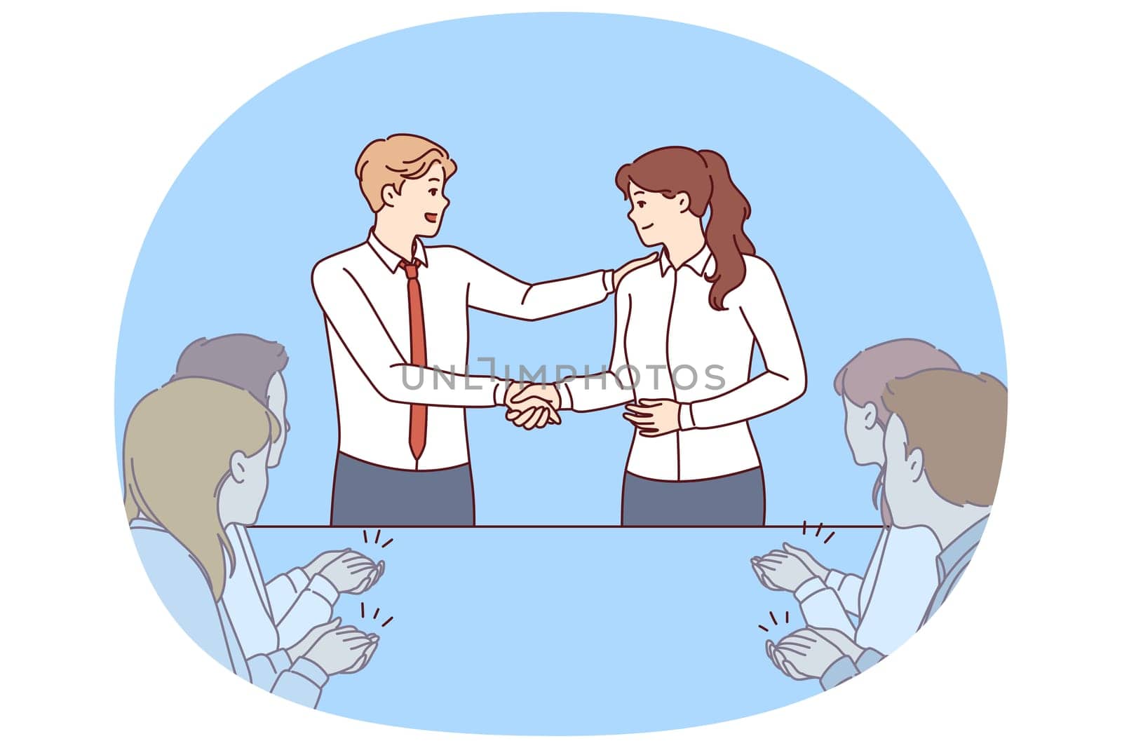 Handshake of boss and new employee of company during business meeting with colleagues. Man boss shakes hands with employee who has successfully completed complex project or attracted most customers