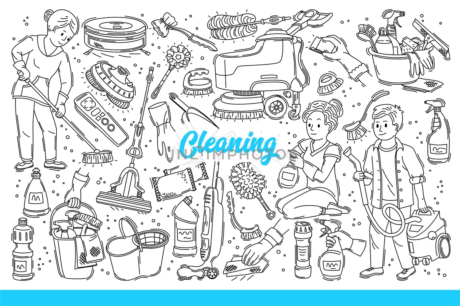 Process of cleaning apartment from housewives or maids doing housework. Manual or electric equipment with chemicals for cleaning and disinfecting premises from dirt and bacteria. Hand drawn doodle