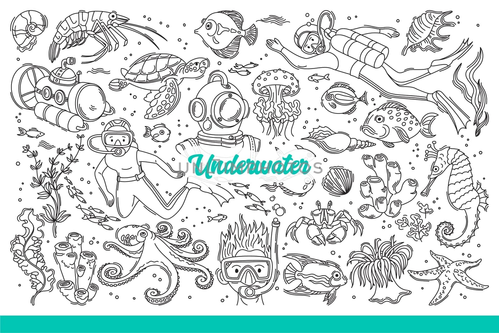 Underwater life tropical ocean with animals and corals near divers with scuba gear or deckhouses. Underwater bathyscaphe with scientists explores flora and fauna inhabiting seabed. Hand drawn doodle