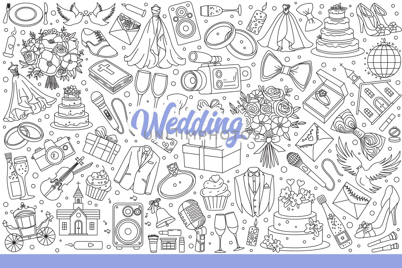 Wedding items for marriage ceremony of bride and groom and bridal party for guests. Festive wardrobe elements or food with flowers for wedding invitation design. Hand drawn doodle.