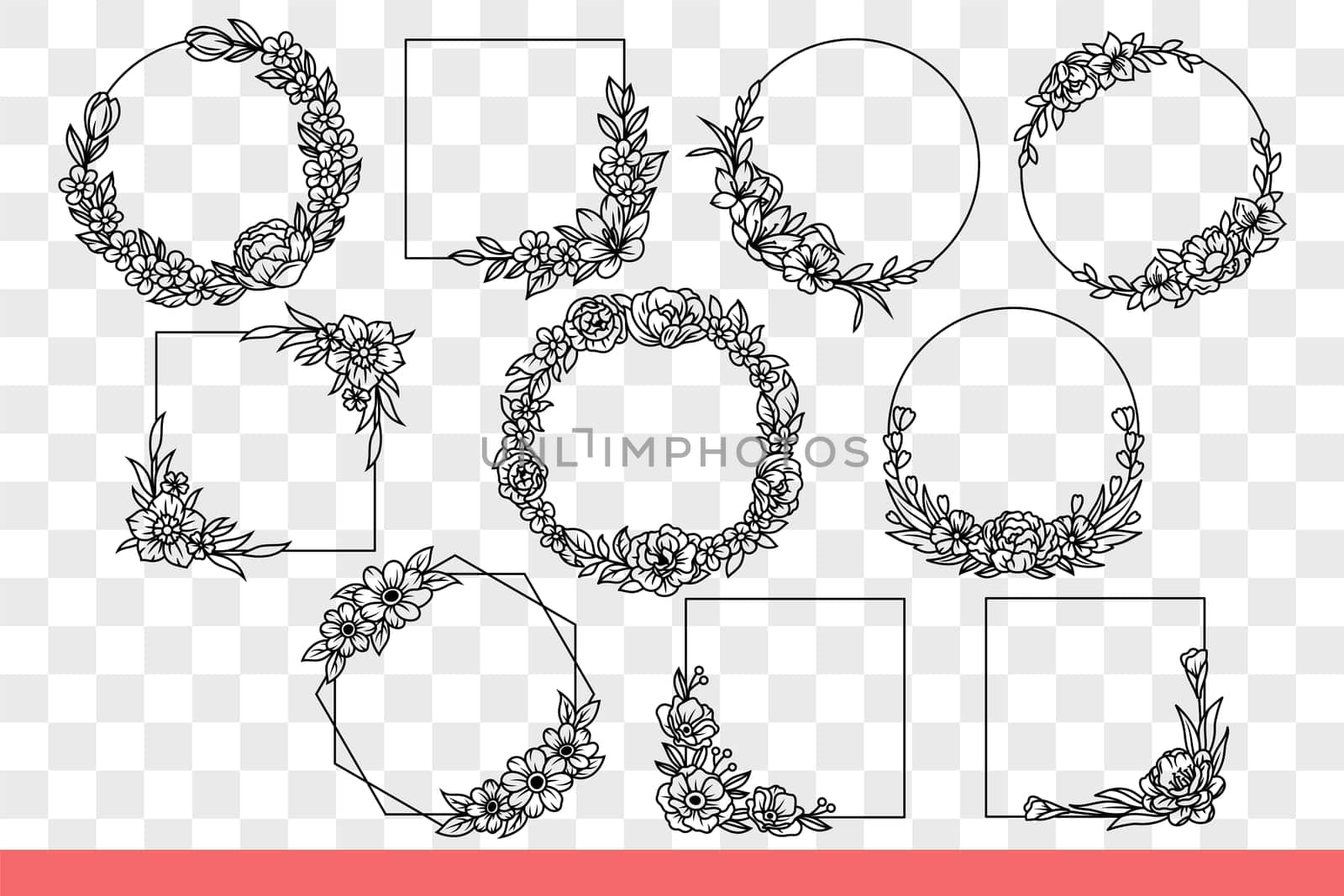 Floral frames for portraits or wedding invitation designs, in circle and square shapes. Frames of wreaths with flowering plants for making cards for women holidays. Hand drawn doodle