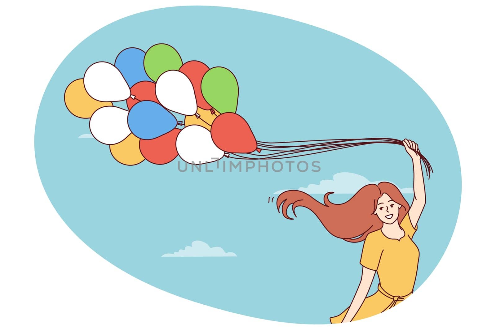 Happy young woman with balloons rejoices at onset of spring and warm weather standing on background of blue sky. Cheerful girl in summer dress with balloons symbolizing lightness and good mood