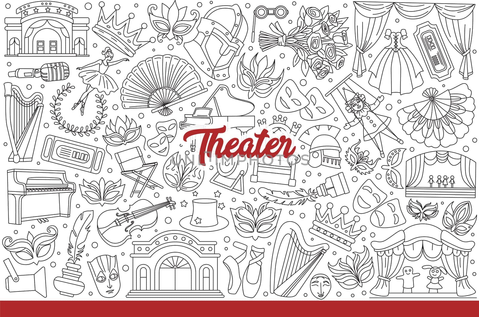 Theatr decoration and equipment or clothing for performers performing in front of audience. Musical instruments and masks or dolls with props for theatr production. Hand drawn doodle