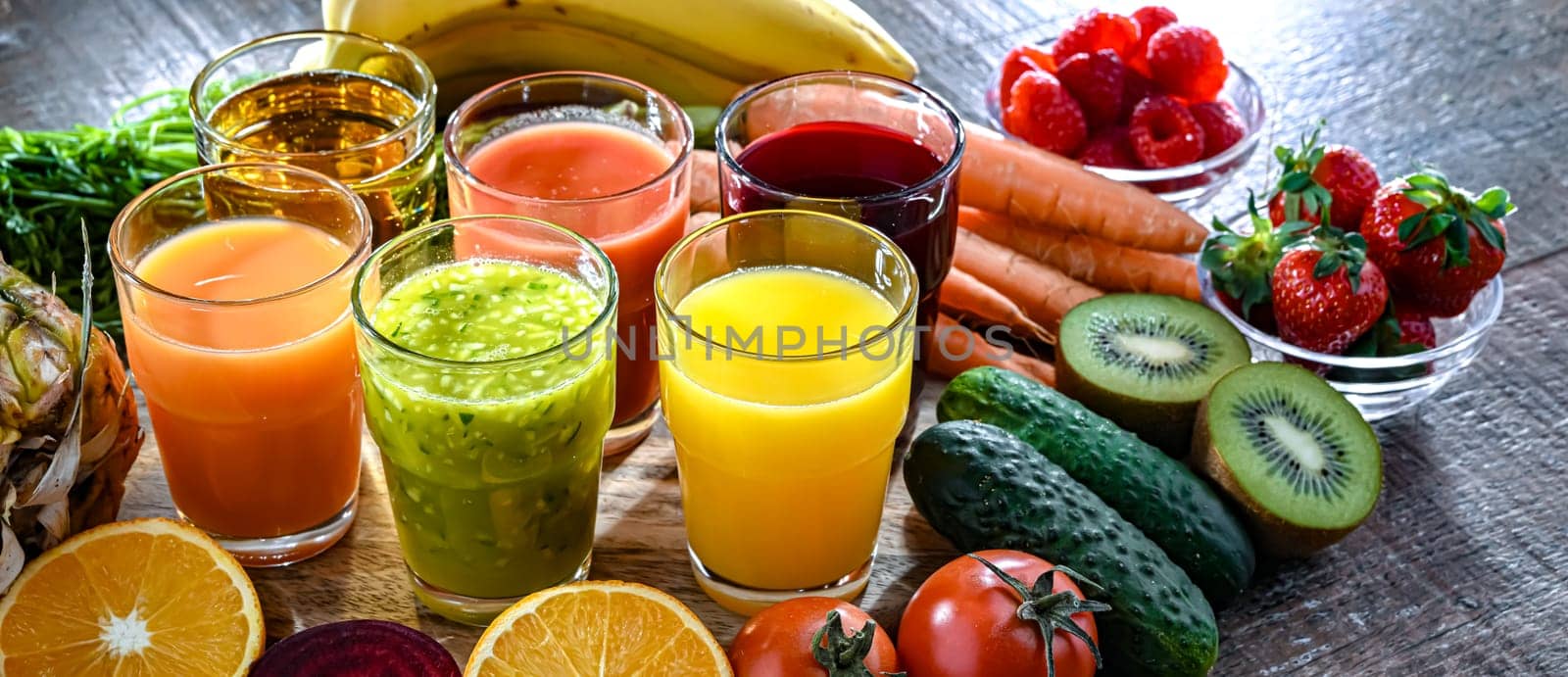 Glasses with fresh organic vegetable and fruit juices. Detox diet