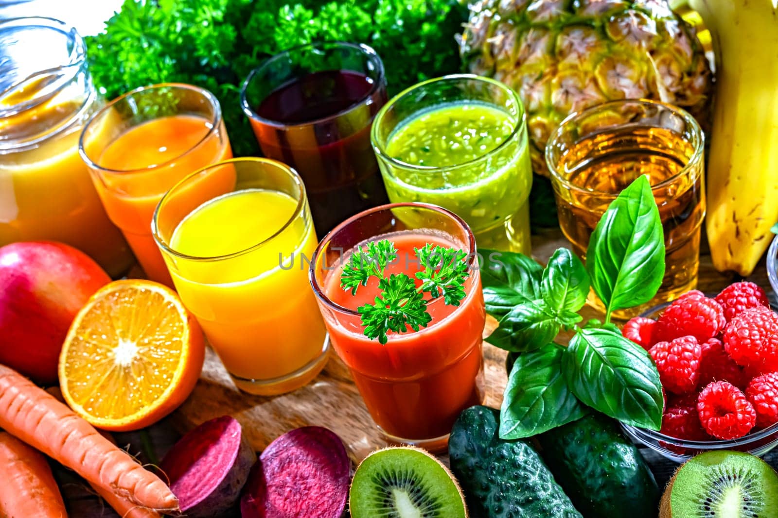 Glasses with fresh organic vegetable and fruit juices. Detox diet