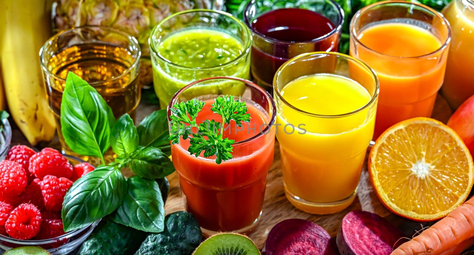 Glasses with fresh organic vegetable and fruit juices. Detox diet