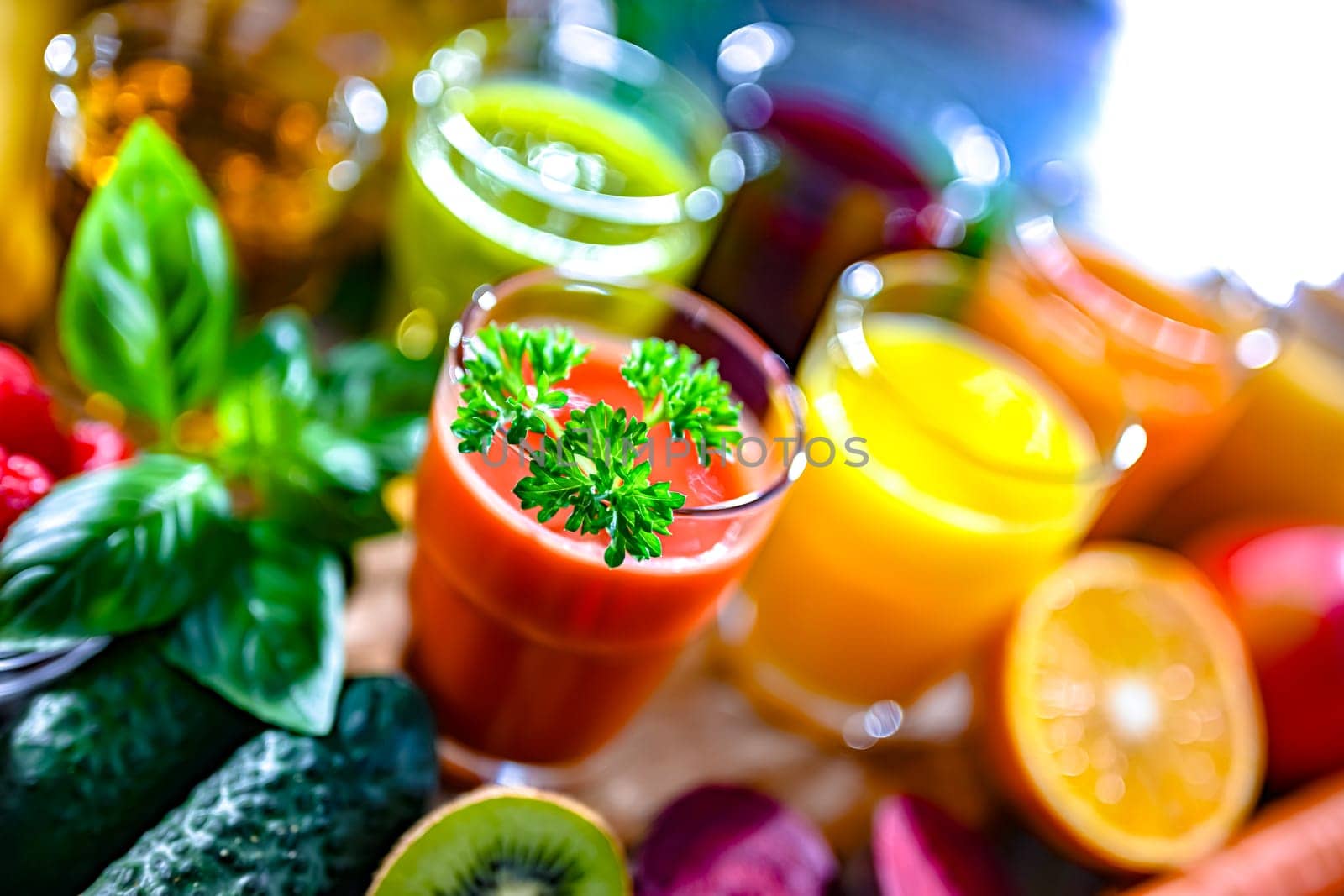 Glasses with fresh organic vegetable and fruit juices. Detox diet
