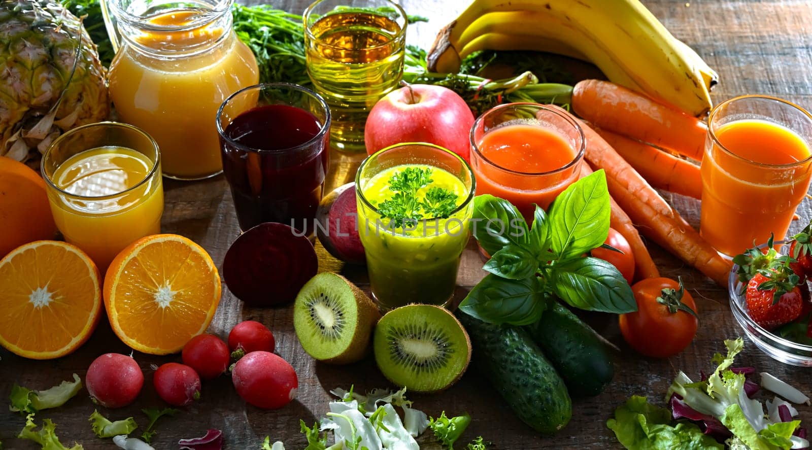 Glasses with fresh organic vegetable and fruit juices. Detox diet