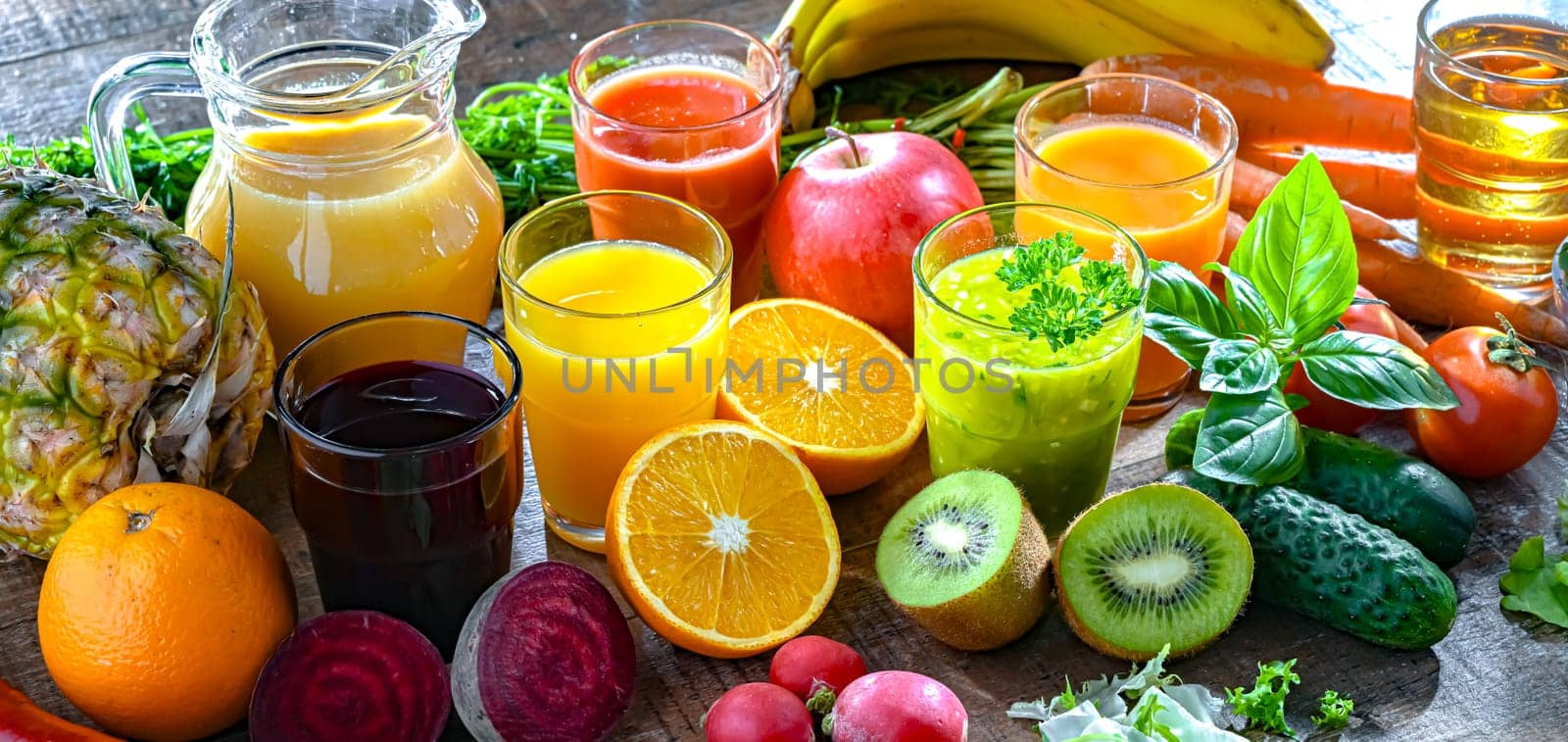 Glasses with fresh organic vegetable and fruit juices. Detox diet