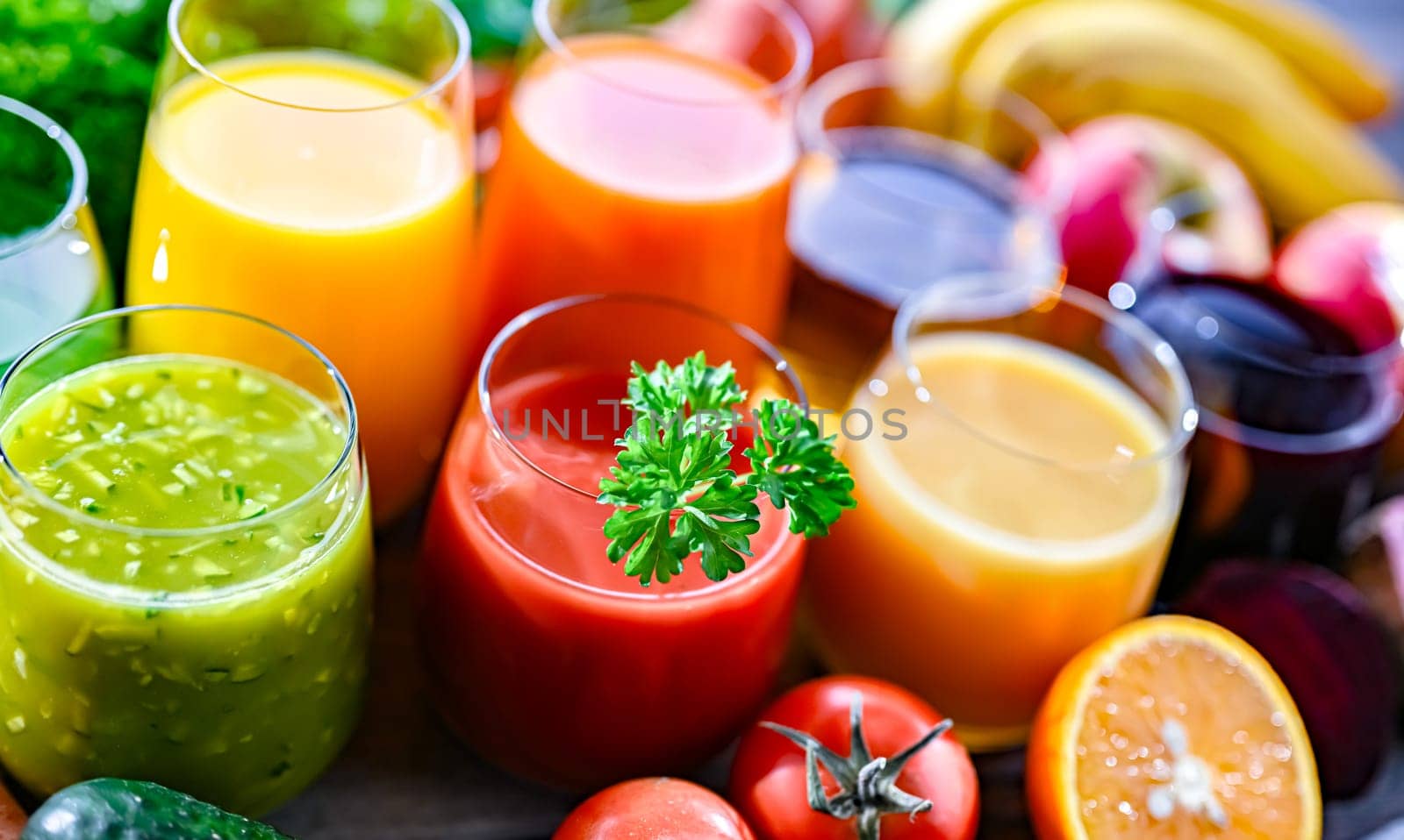 Glasses with fresh organic vegetable and fruit juices. Detox diet