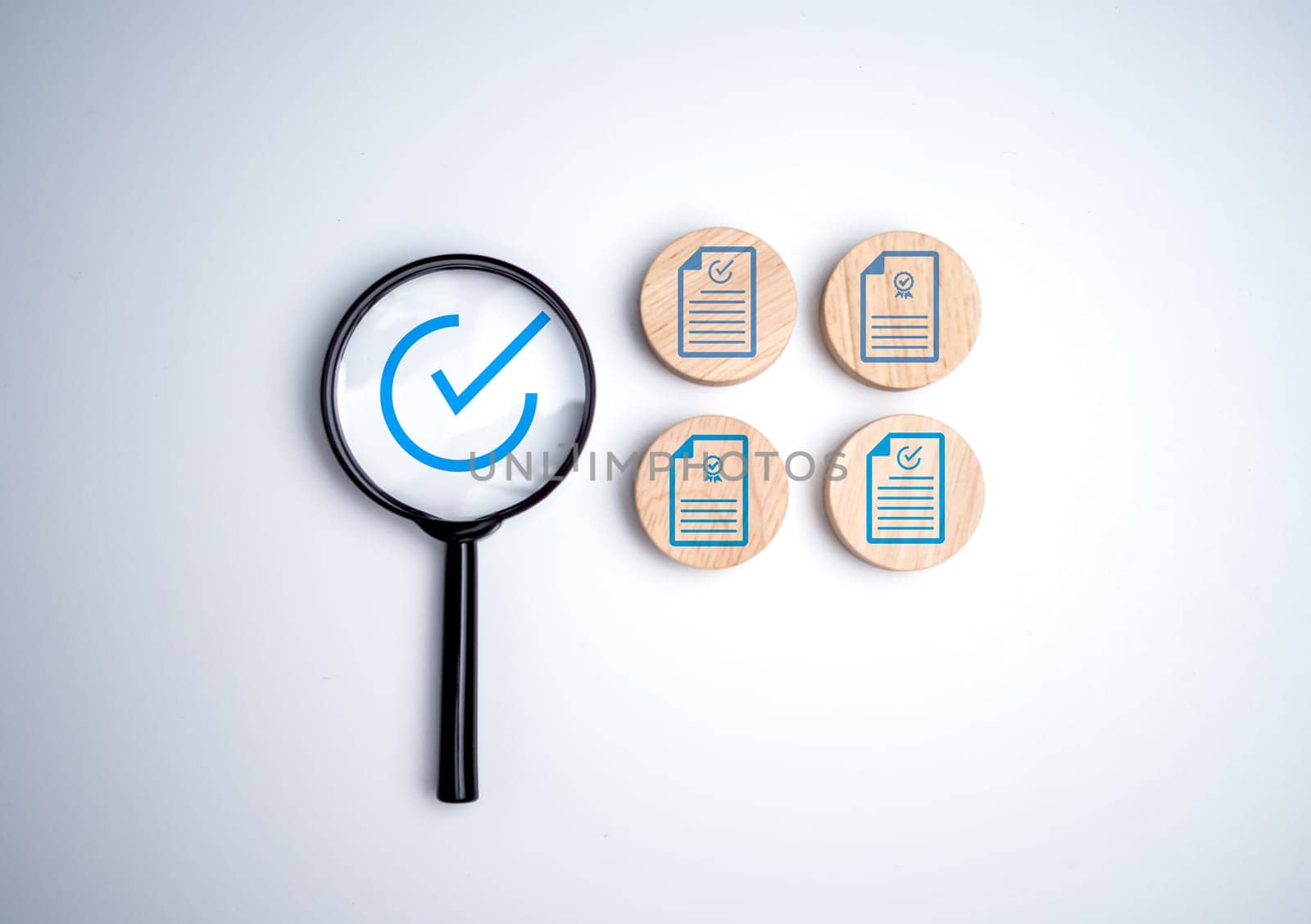 Document icon which print screen on wooden circle plank for prepare check and approve document, Quality assurance and ISO guarantee concept, Document management digital file data online.