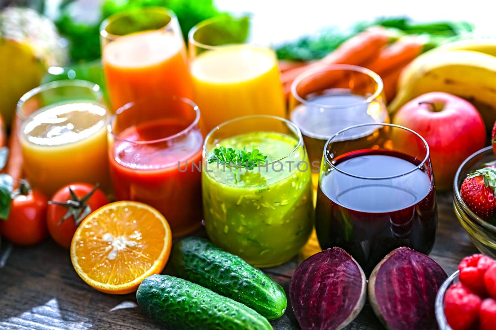Glasses with fresh organic vegetable and fruit juices. Detox diet