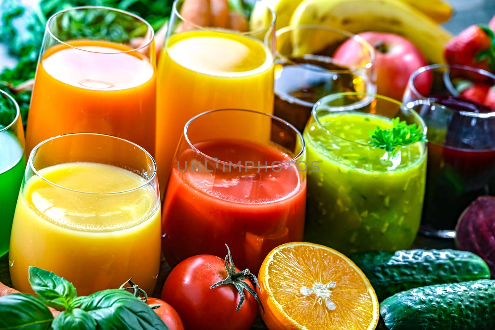 Glasses with fresh organic vegetable and fruit juices. Detox diet