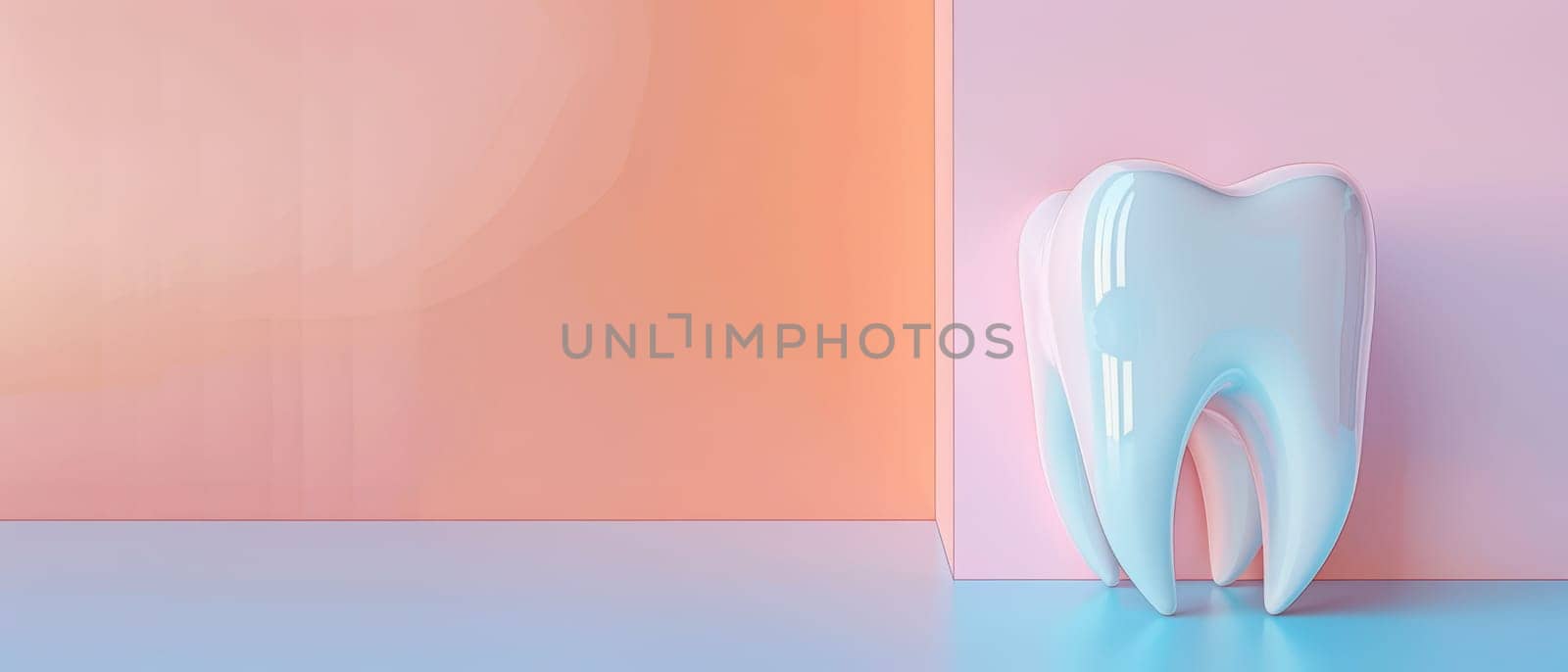 A large, white, glossy tooth model sits on a blue surface in front of a pink and orange wall.