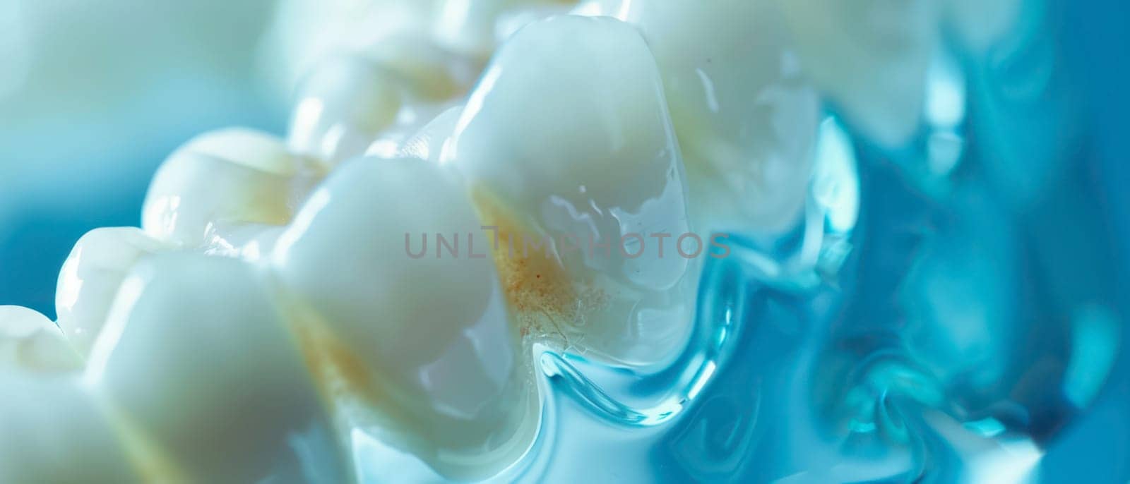 A close up photo of a person's teeth with clear braces. The braces are partially visible in the background, and the teeth are in focus. The photo is taken from a low angle, showing the teeth from a side view.