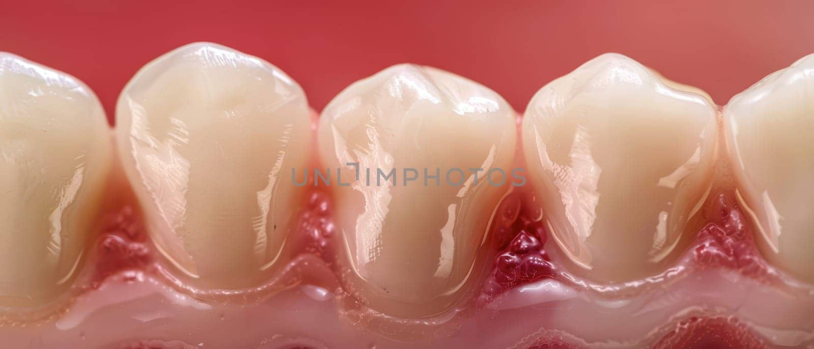 A close-up image showing four healthy white teeth with pink gums in between them. The teeth are glistening, and the gums are a soft pink color. The image focuses on the enamel of the teeth and the gum line, highlighting the overall health of the mouth.