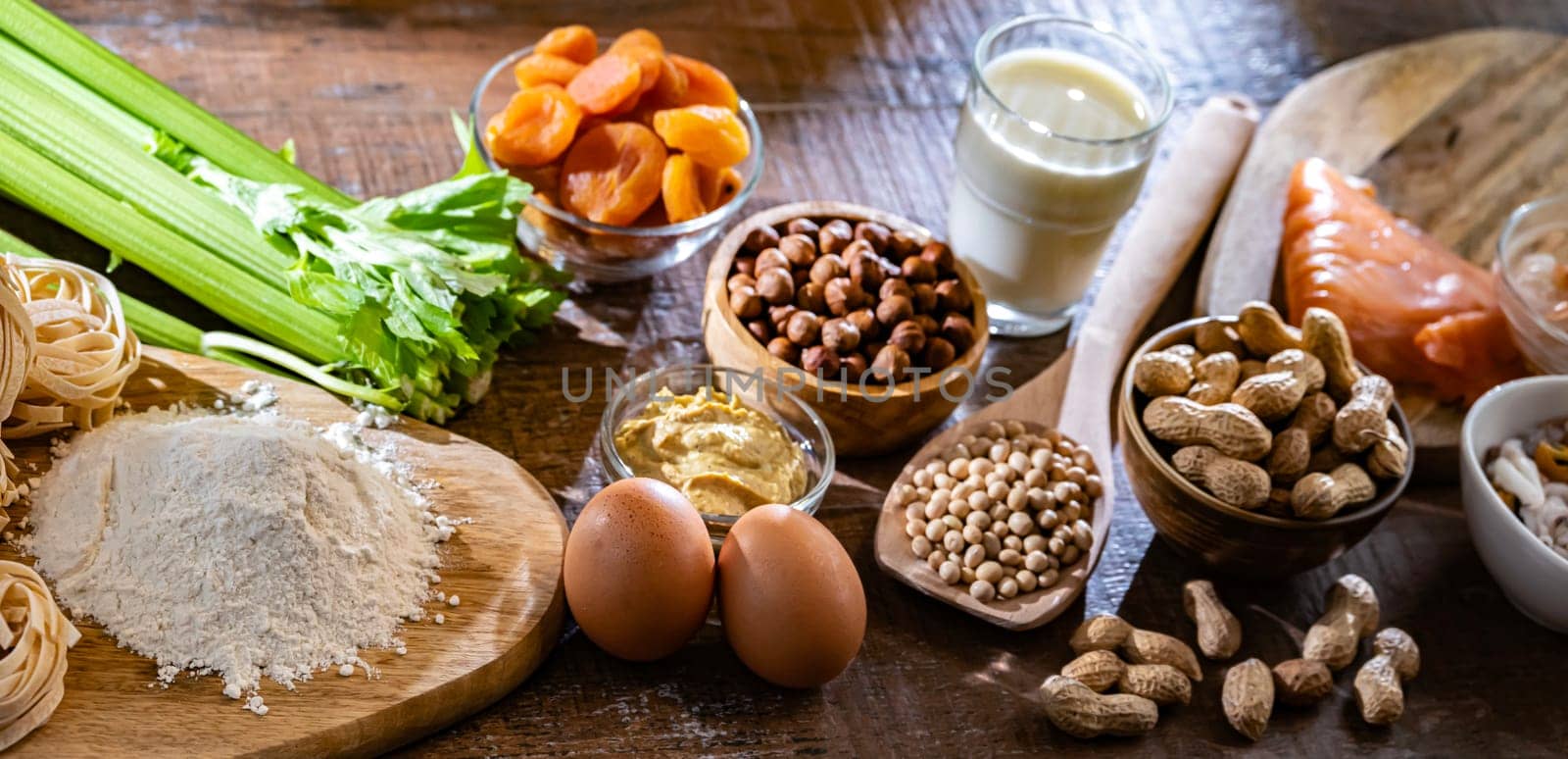 Composition with common food allergens including egg, milk, soya, nuts, fish, seafood, wheat flour, mustard, dried apricots and celery