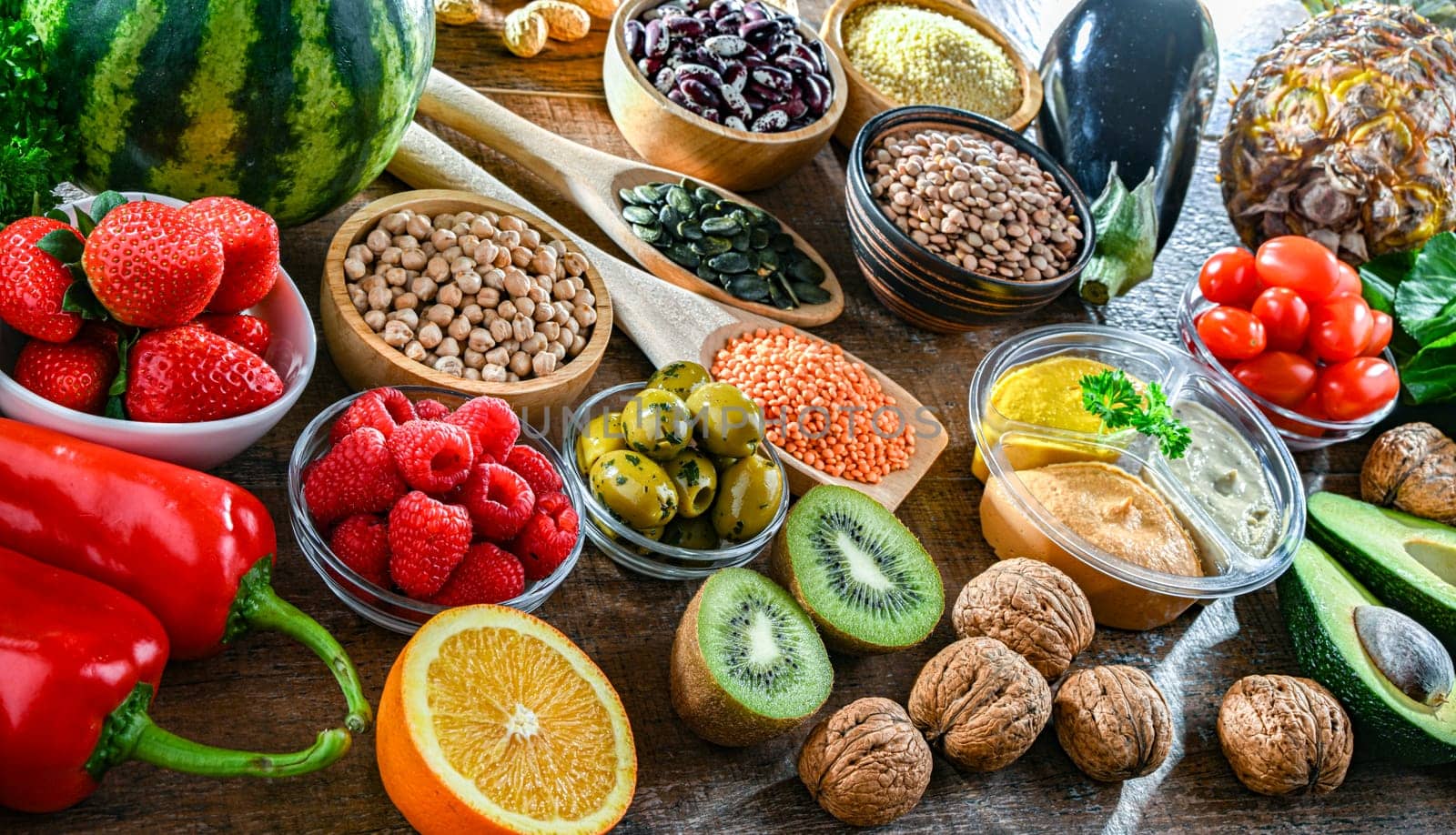 Food products representing the vegan diet. Veganism.