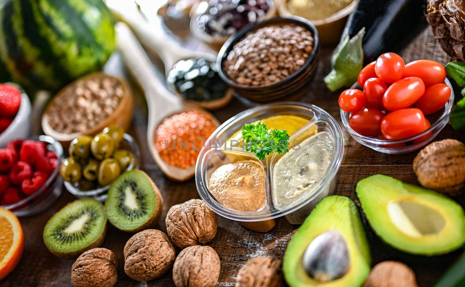 Food products representing the vegan diet. Veganism.