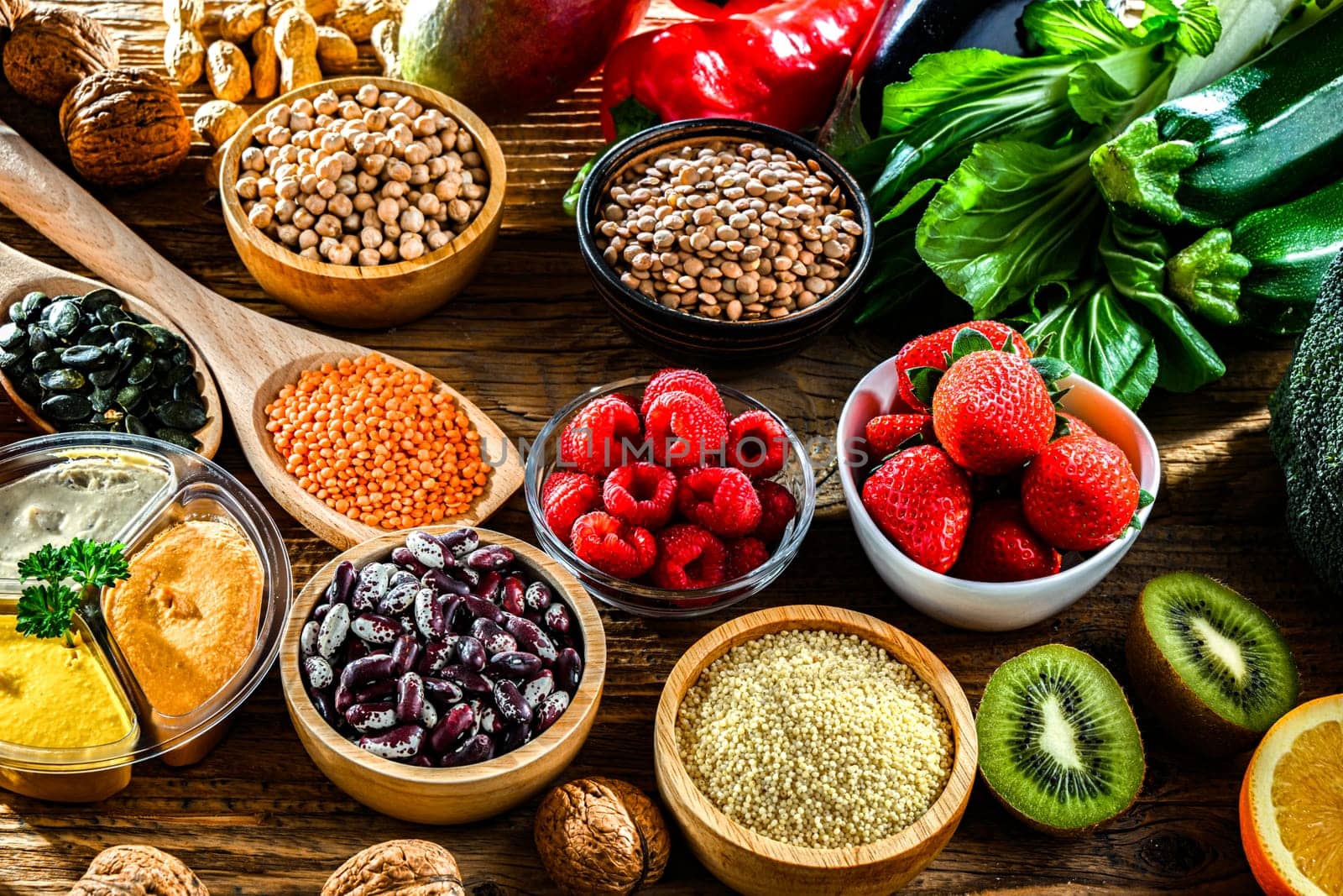 Food products representing the vegan diet. Veganism.