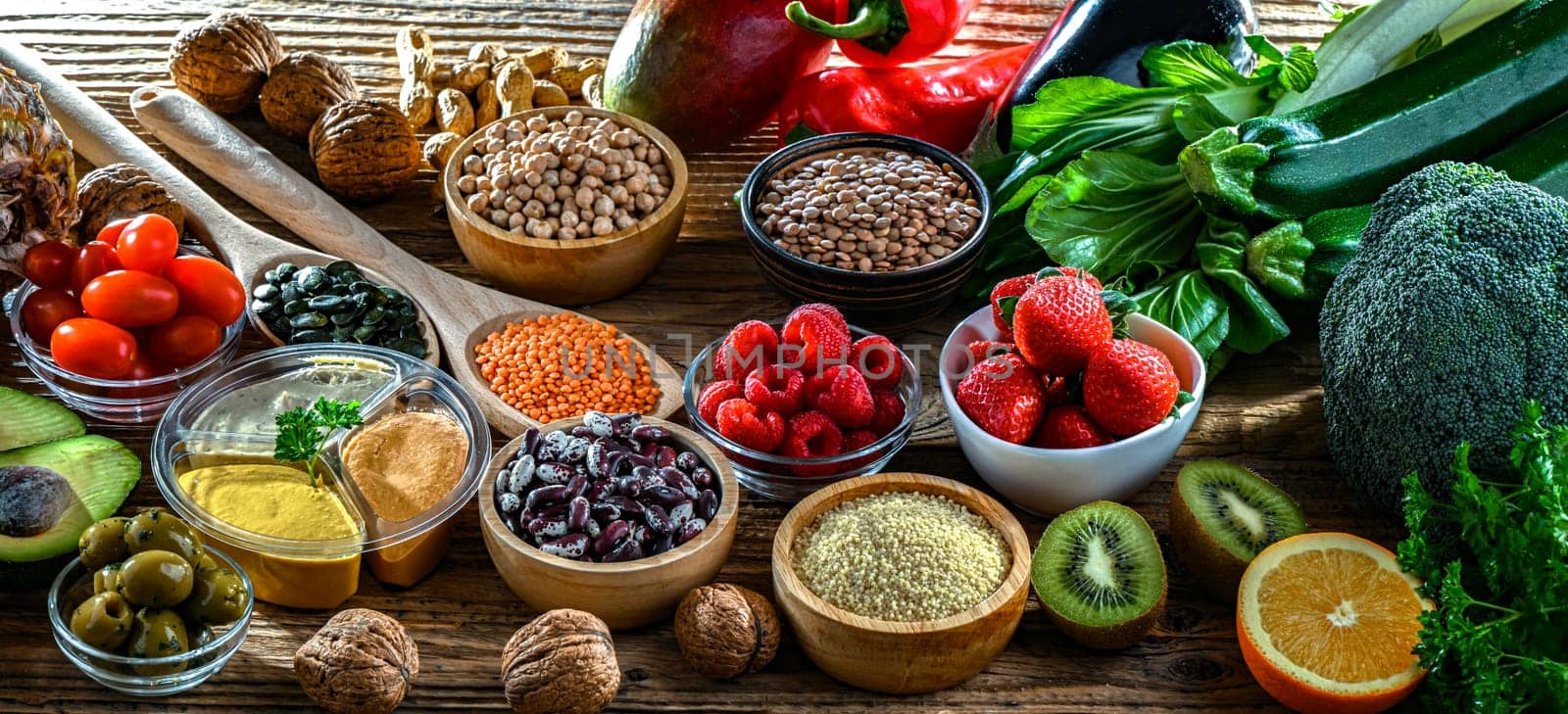 Food products representing the vegan diet. Veganism.