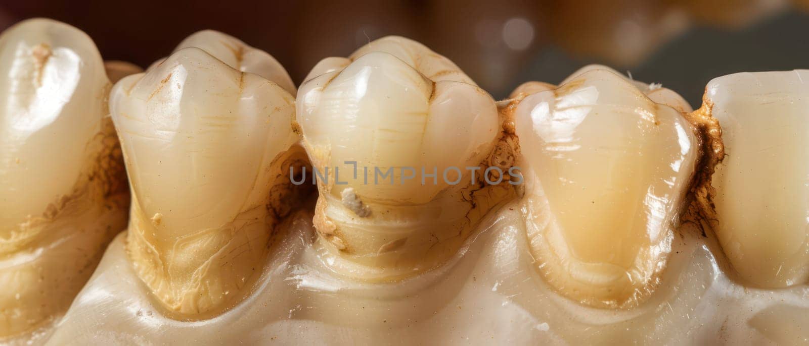 A close-up image of a human mouth, focusing on multiple molars with a significant amount of yellow plaque and tartar buildup visible in the crevices and gum line.