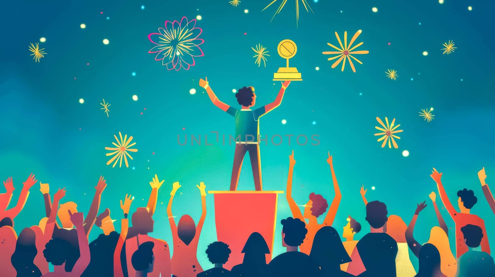 Businessman is raising a trophy above his head while standing on a podium with fireworks exploding in the background as a crowd cheers him on