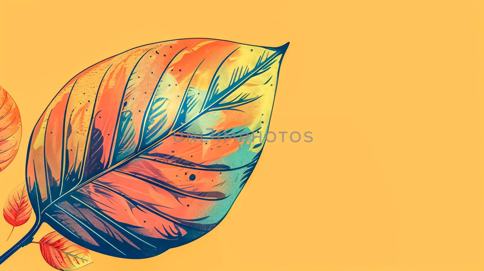 Illustration of a large colorful leaf with autumnal colors on a yellow background, ideal for nature and season related themes