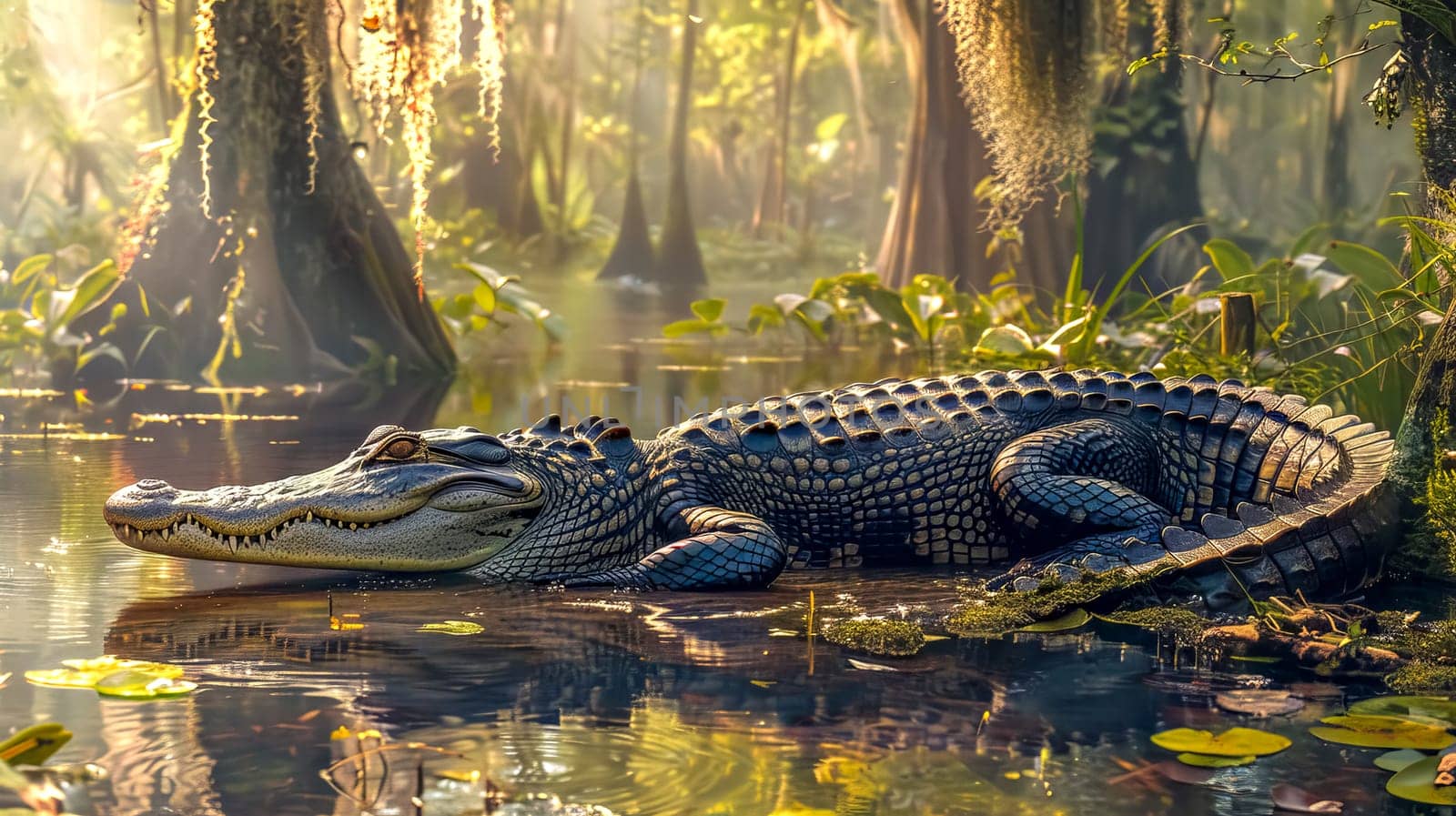 Massive american alligator peacefully resting on a log in a beautiful bayou swamp, bathed in golden morning sunlight, highlighting its scales and teeth