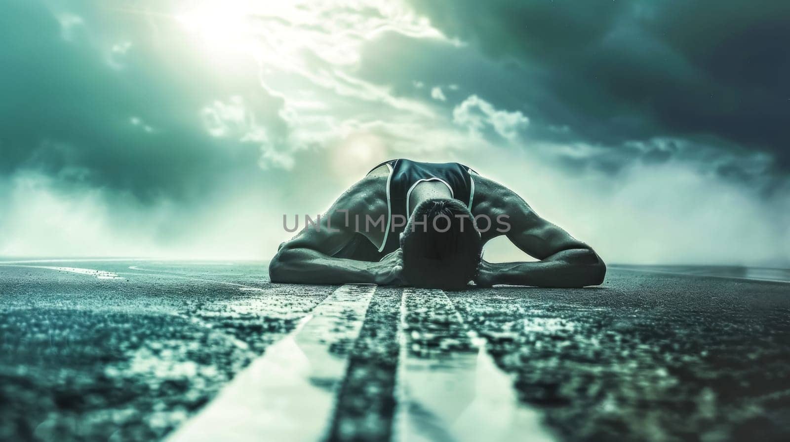 Athlete is lying face down on the road after a competition, showing exhaustion and disappointment under a dramatic sky