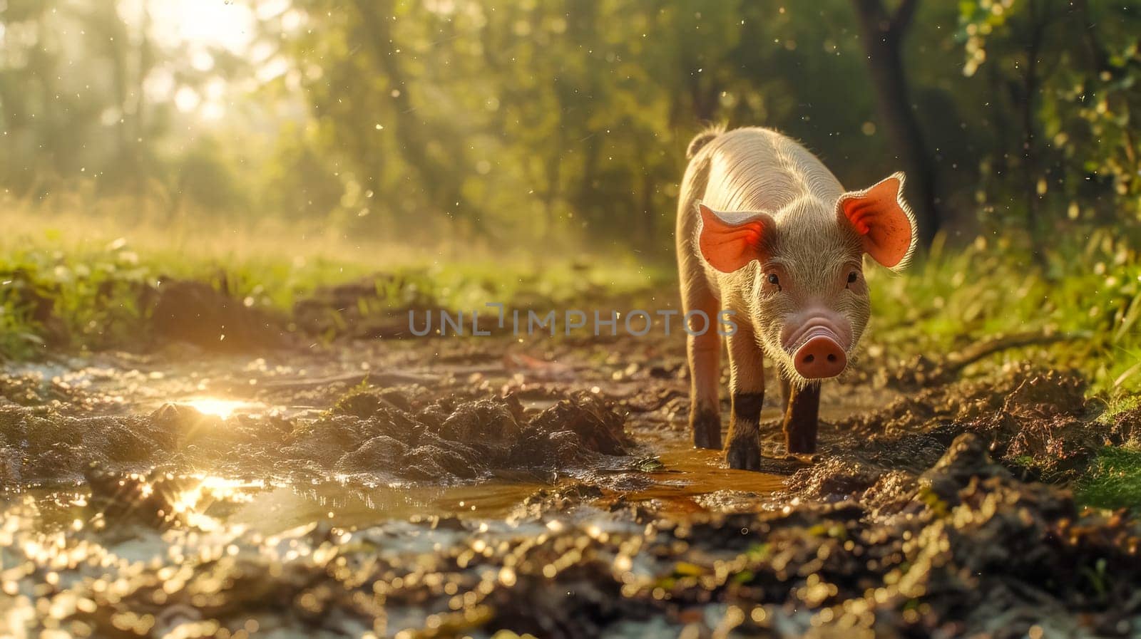 Young piglet is standing in a mud puddle on a farm, enjoying the warm sunshine filtering through the trees. The piglet is covered in mud and appears happy and content