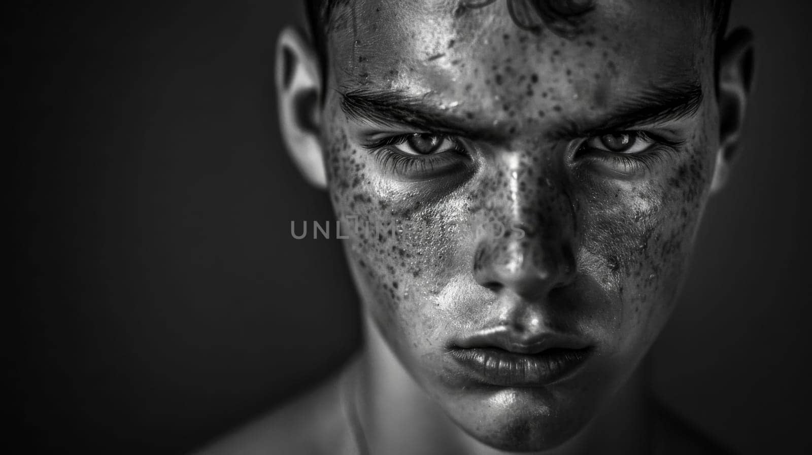 Black and white portrait of a young adult male with freckles looking directly at the camera with an intense, serious expression
