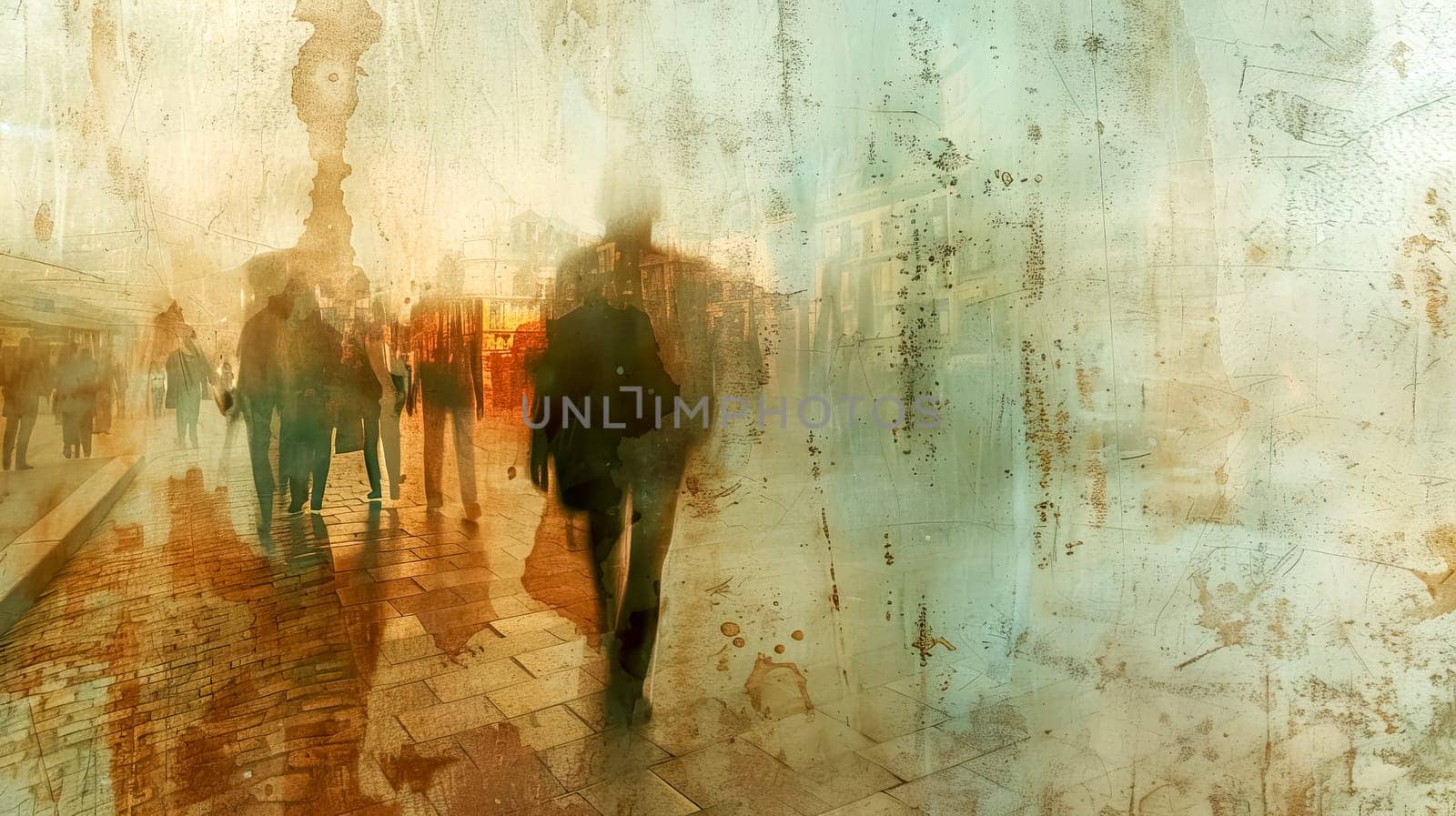 People are walking on a busy city street with a grunge, textured overlay in this illustration about urban life and society