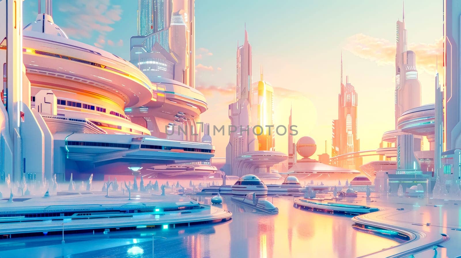 Futuristic cityscape reflecting the warm hues of the setting sun, featuring modern, sleek architecture and advanced transportation systems