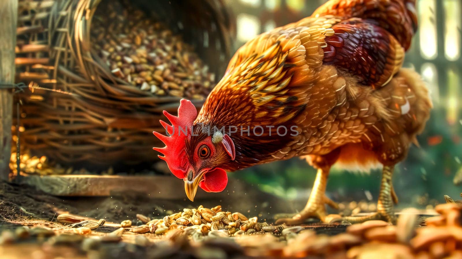 Red hen happily pecking at corn seeds in a farm setting, surrounded by a blurred wicker basket overflowing with corn