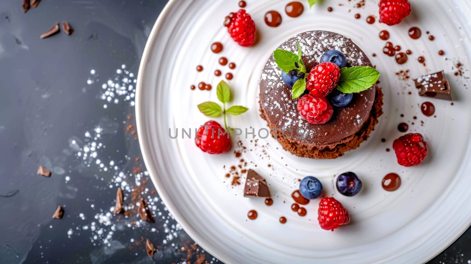 Chocolate lava cake sitting on a white plate and decorated with fresh raspberries, blueberries and mint. The plate is dusted with powdered sugar and cocoa
