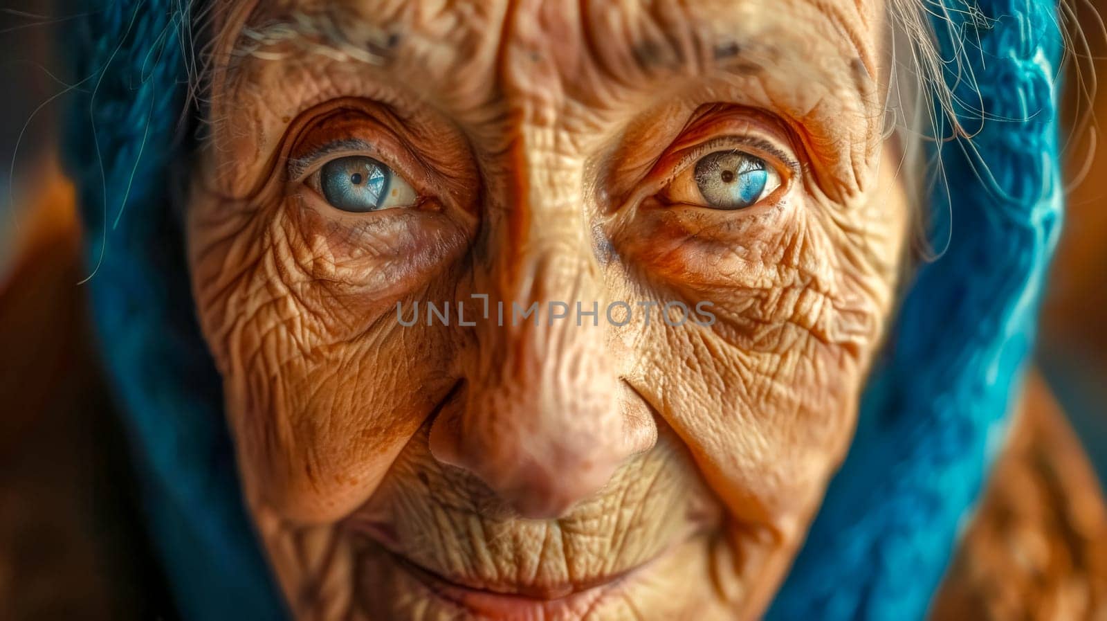 Close-up of a senior woman with striking blue eyes and a wrinkled face, conveying a sense of wisdom, resilience, and the beauty of aging