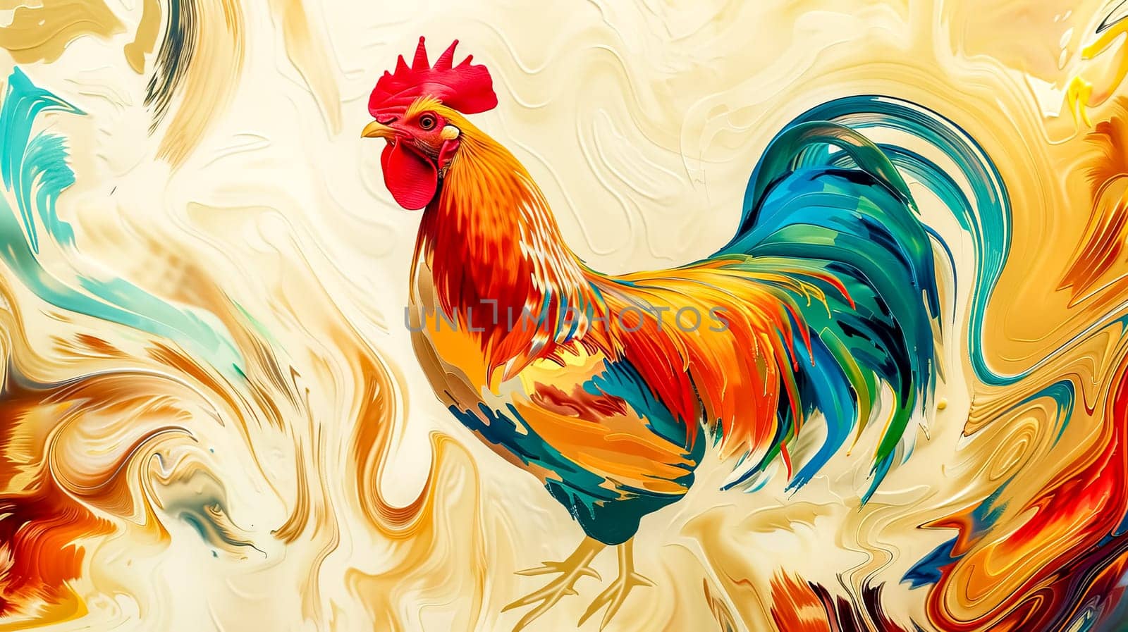 Rooster is standing in profile on a swirling, colorful abstract background. The rooster's plumage is vibrant and detailed