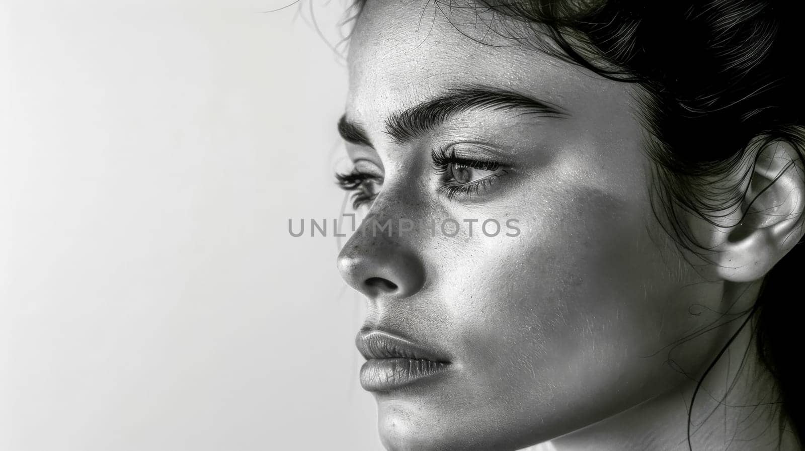 Black and white beauty portrait of a young caucasian woman with freckles, showcasing a natural makeup look and wet hair style