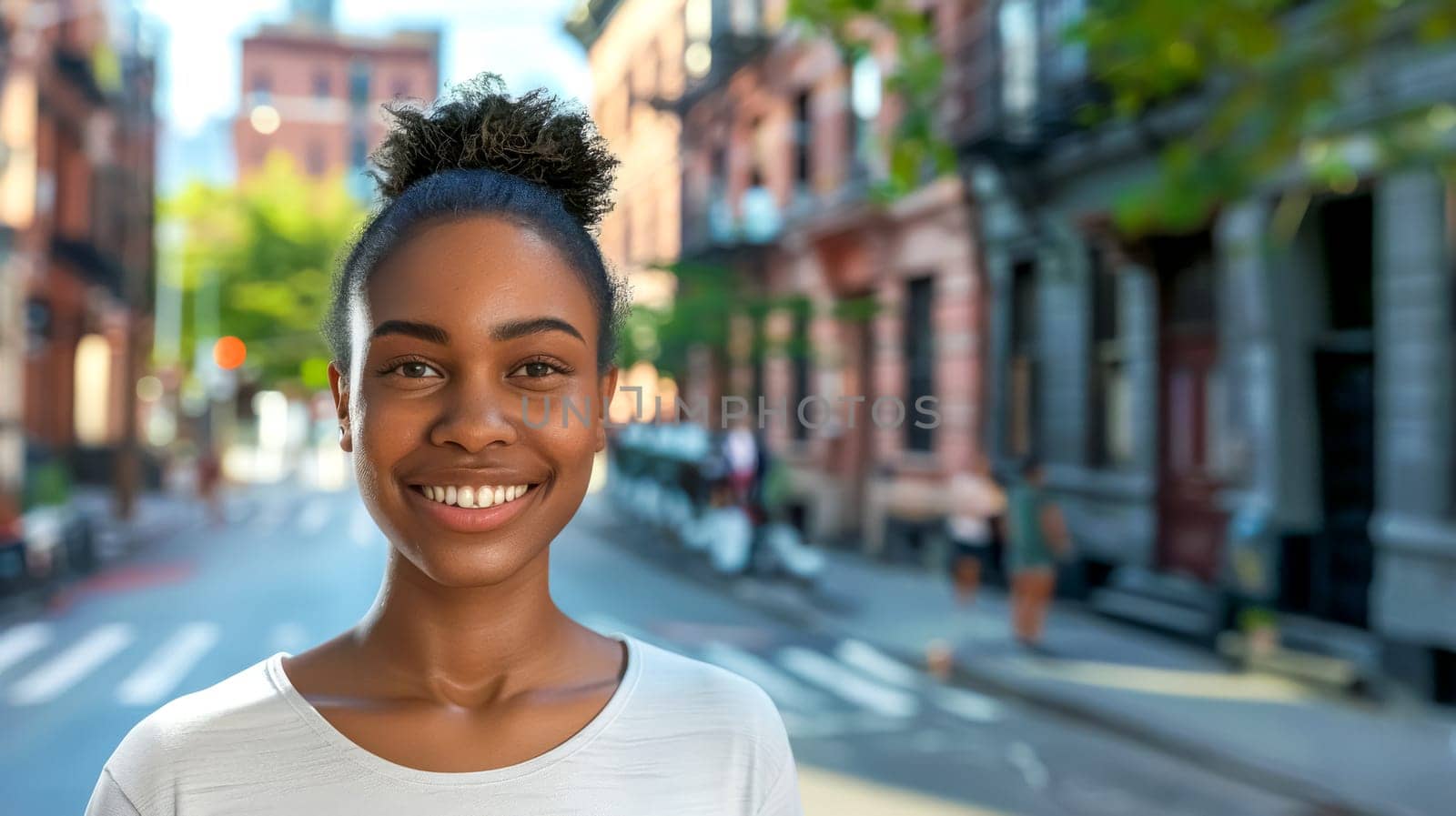 Young black woman is smiling on a sunny city street. She is wearing a white t-shirt and has a happy expression on her face