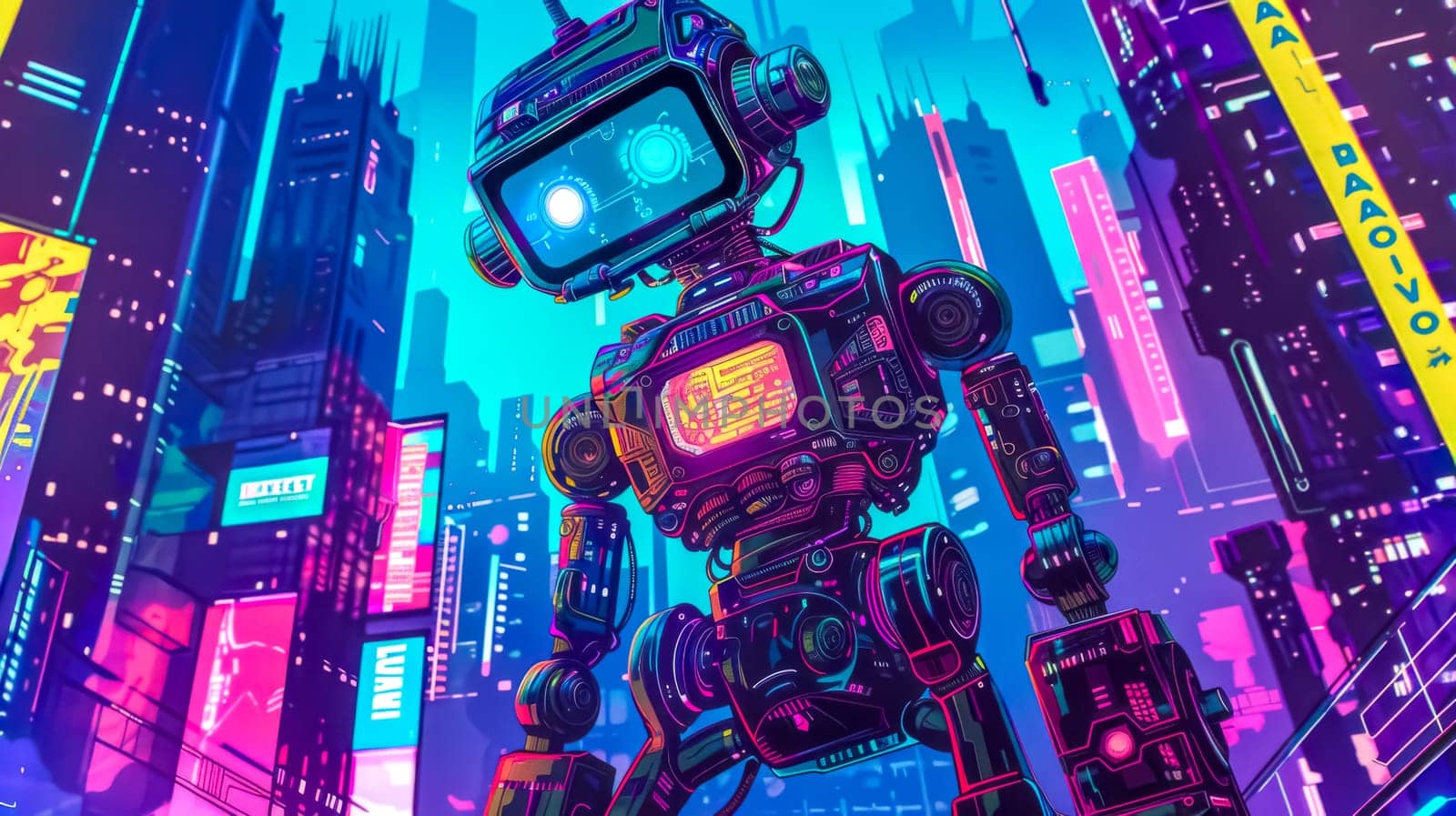 Captivating illustration of a robot navigating a futuristic cityscape illuminated by vibrant neon lights, showcasing the fusion of technology and urban life