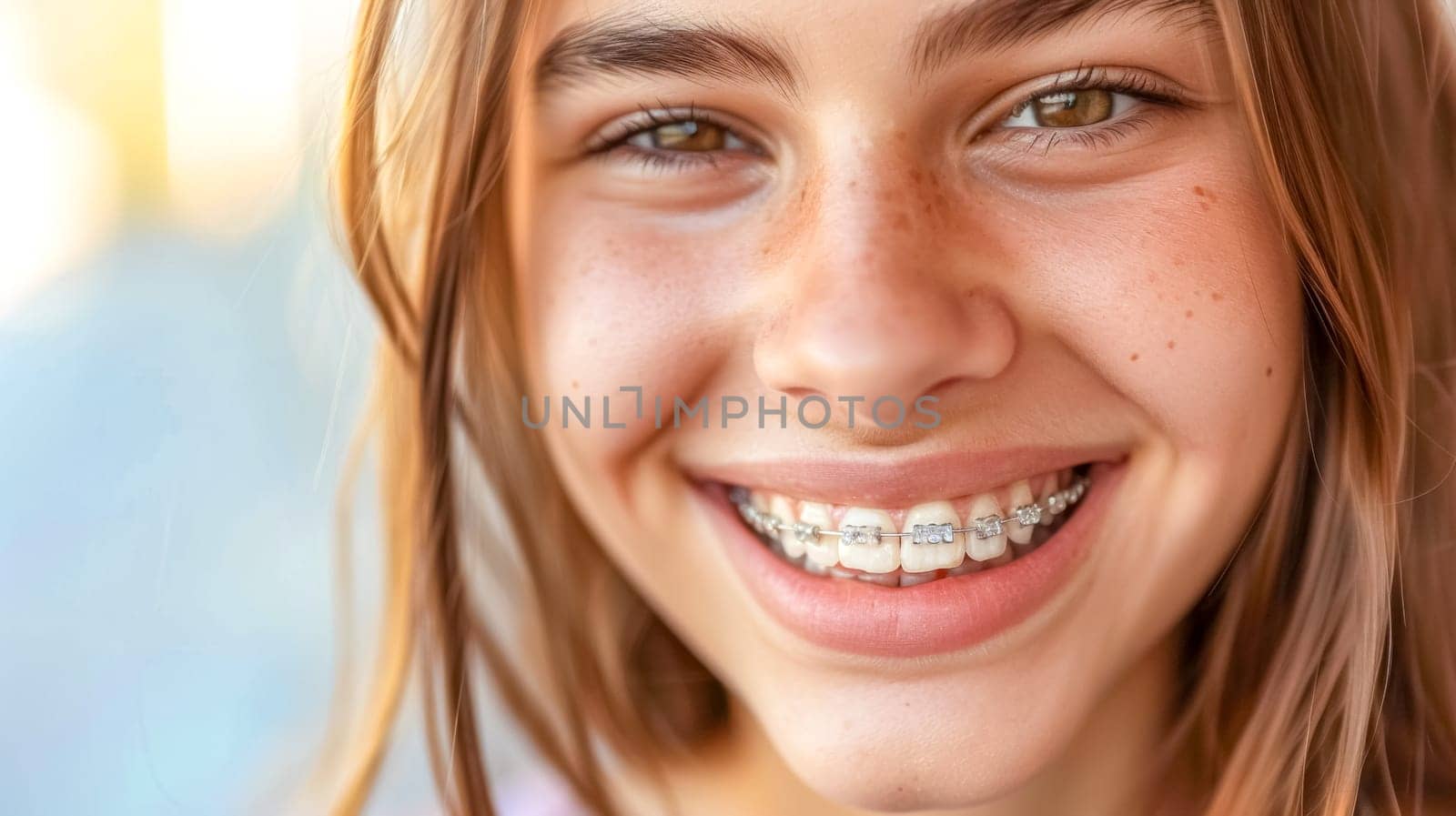 Happy teenage girl with dental braces smiling brightly, showcasing her commitment to oral health and hygiene