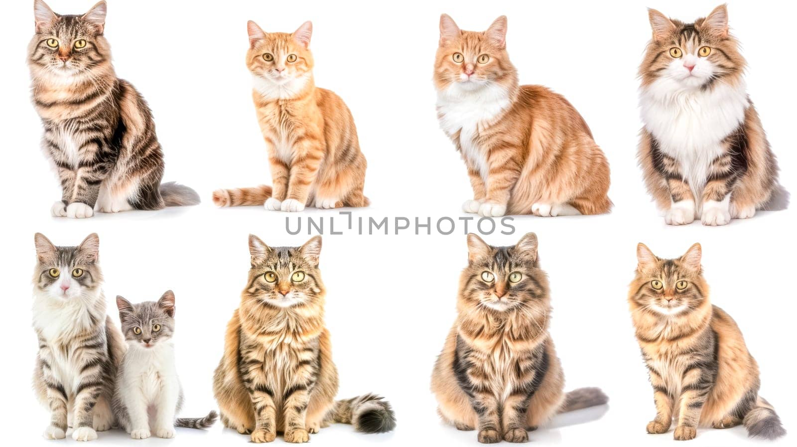 Eight fluffy adult cats with tabby, ginger, and brown fur gaze curiously at you on a white background, creating an adorable and playful pet portrait