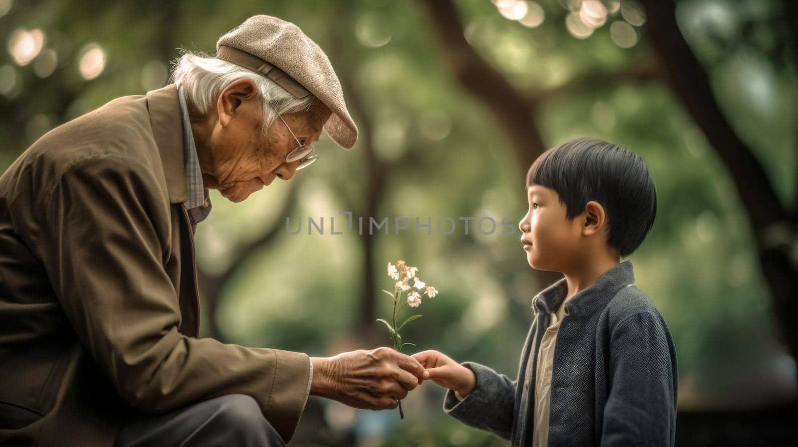 Boy gives a flower to his grandfather in a park, sharing a special moment of love and connection. Sunlight filters through leaves as they bond, embodying family togetherness
