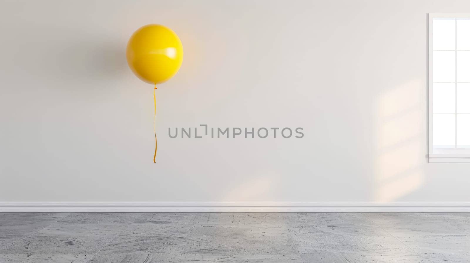 Single yellow balloon with a gold ribbon floating in a minimal white room with sunlight shining through a window, creating a serene and peaceful atmosphere