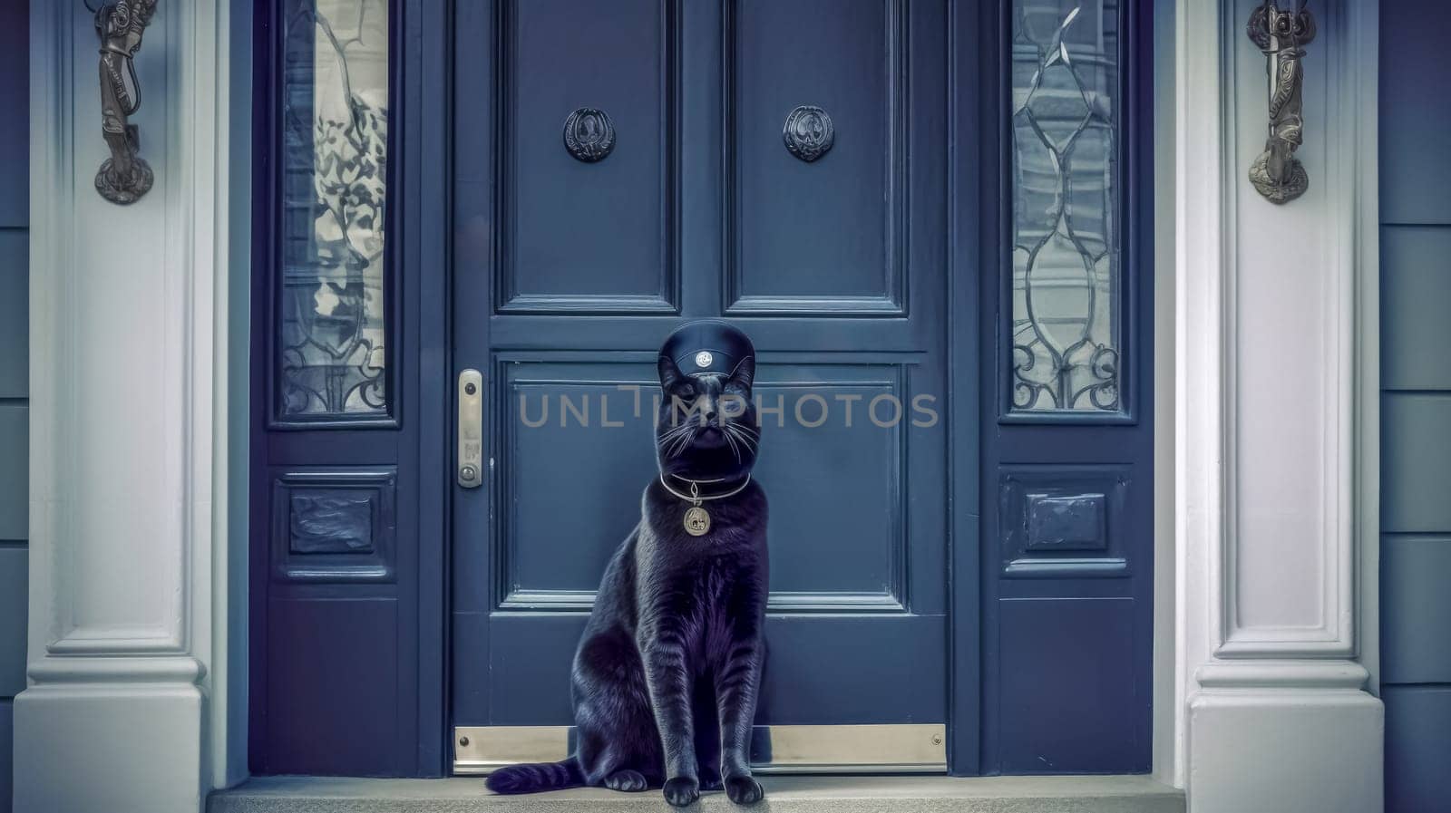 Black cat in a police hat sits on a step by a blue door, adding humor and charm to the scene as a playful guard