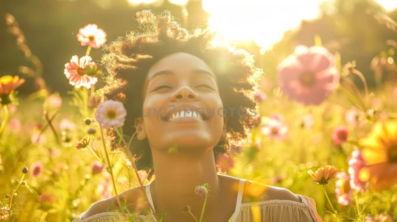 Young woman with a bright smile is surrounded by colorful flowers in a sunny field. She is closing her eyes and enjoying the warmth of the sun