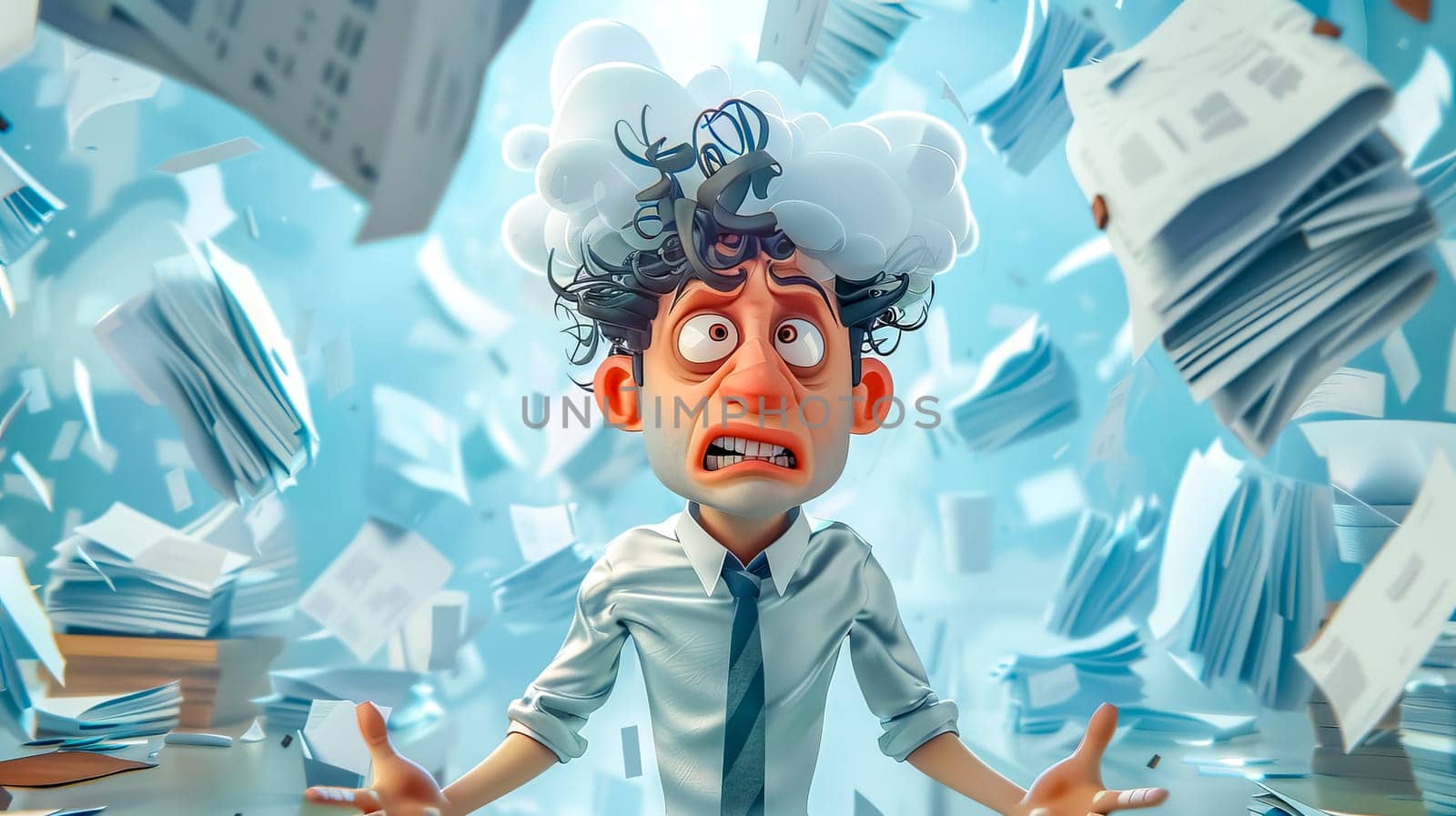 Stressed office worker overwhelmed by flying papers, with raincloud symbolizing anxiety and burnout. Shows pressures of work and deadlines