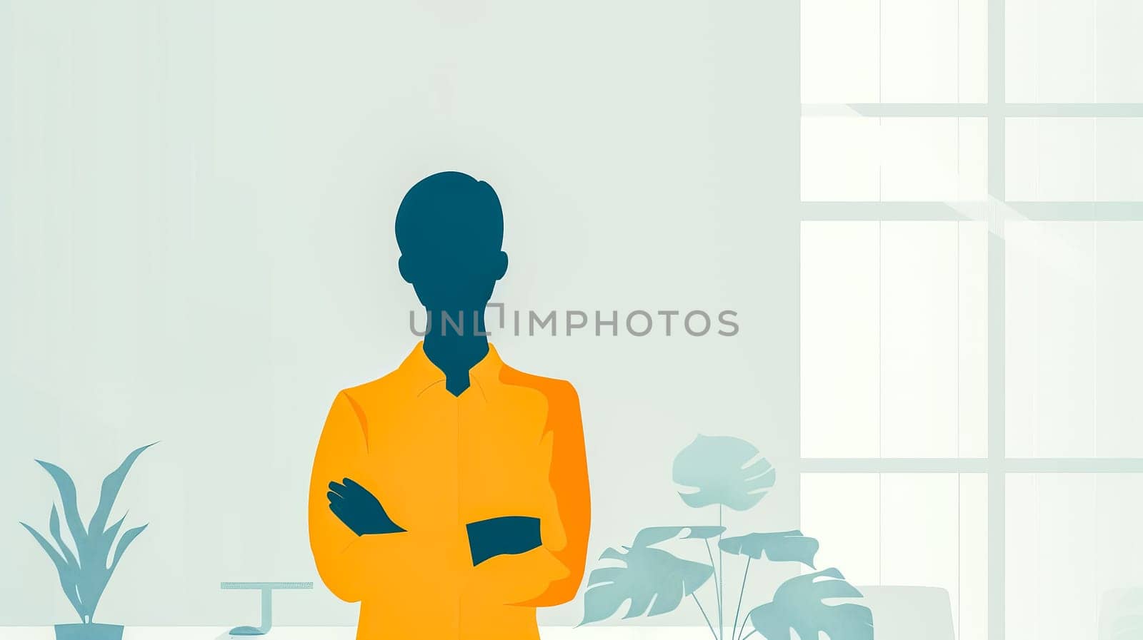 Confident businessman standing in modern office, arms crossed, exuding authority and determination. Bright light illuminates room, highlighting professional demeanor. Plant adds touch of nature