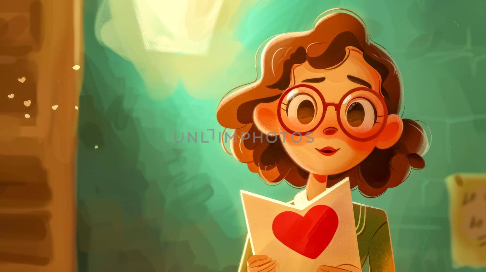 Dreamy woman holding a love letter with a heart, lost in hopeful thoughts. Evoking romance and affection, perfect for valentine's day